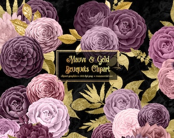 Mauve and Gold Floral Bouquets Clipart, digital instant download blush and gold glitter wedding flower png commercial use