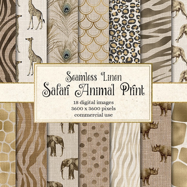 Linen Safari Animal Print Digital Paper, seamless linen textures and African animal patterns, vintage safari backgrounds, scrapbook paper