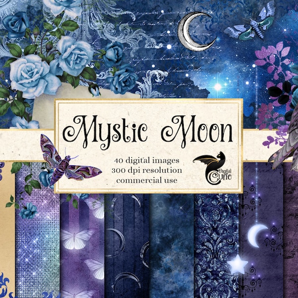 Puede incluir: Un paquete de papel digital con 40 imágenes con una combinación de colores azul y morado. Las imágenes incluyen una variedad de diseños, como lunas, estrellas, mariposas y flores. El texto "Mystic Moon" se muestra en una fuente decorativa. El texto "40 imágenes digitales, resolución 300 dpi, uso comercial" también se muestra.
