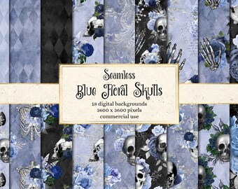 Blue Floral Skull Digital Paper, Gothic Seamless Patterns (Digital Download)