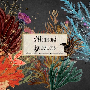 Mermaid Bouquets Clipart, nautical coral and seaweed bouquet clipart graphics instant download commercial use