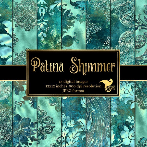 Patina Shimmer Digital Paper, foil and turquoise teal patina texture backgrounds antique damask printable scrapbook paper for commercial use