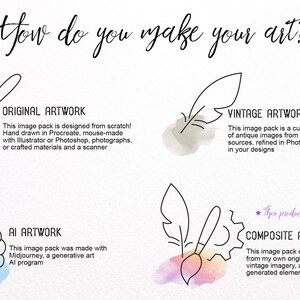 May include: A graphic illustration showing four different ways to create art. The first image shows a paintbrush with a green watercolor background and the text "Original Artwork". The second image shows a feather with a gray watercolor background and the text "Vintage Artwork". The third image shows a gear and brain with a blue watercolor background and the text "AI Artwork". The fourth image shows a paintbrush and feather with a pink and orange watercolor background and the text "Composite Artwork".