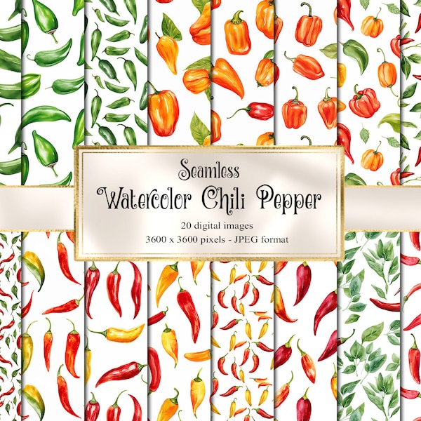 Watercolor Chili Pepper Digital Paper, seamless vegetable printable textures printable scrapbook paper