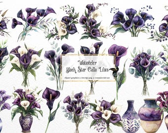 Imágenes prediseñadas de calas negras en acuarela – Ramos y flores (descarga digital PNG)