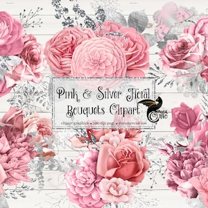Pink and Silver Floral Clip Art, digital instant download painted watercolor flower png embellishments, pink and silver glitter roses