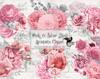 Pink and Silver Floral Clip Art, digital instant download painted watercolor flower png embellishments, pink and silver glitter roses