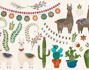 Llama and Cactus Clipart – Flower Graphics (Digital Download)
