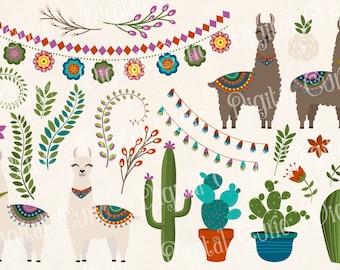 Llama Clipart - cute llama and alpaca vector clipart with cactus and flower graphics for instant download commercial use