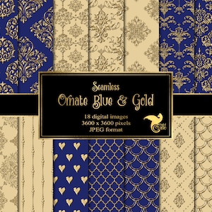 Op de afbeelding: Een verzameling naadloze digitale afbeeldingen met sierlijke blauwe en gouden patronen. De ontwerpen omvatten bloemen-, damast- en geometrische motieven. De afbeelding bevat de tekst "Seamless Ornate Blue & Gold".