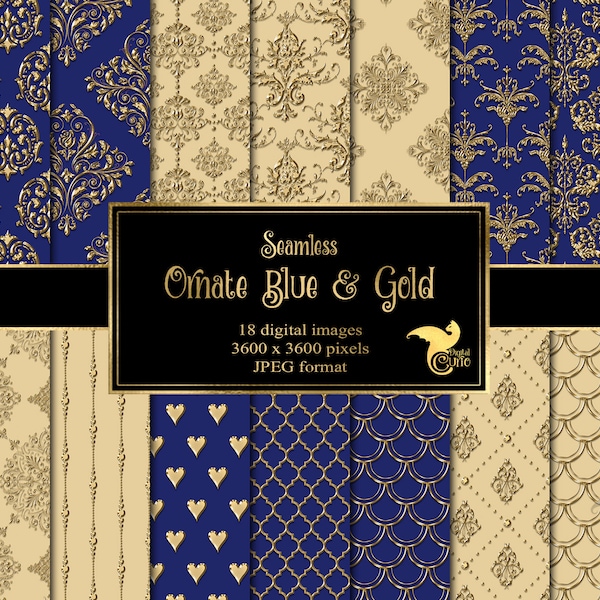 Ornate Blue and Gold Digital Paper, seamless royal damask patterns printable scrapbook paper commercial use