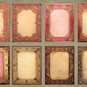 May include: Eight ornate frames with gold and red accents. The frames are arranged in two rows of four. Each frame has a blank white or pink background.