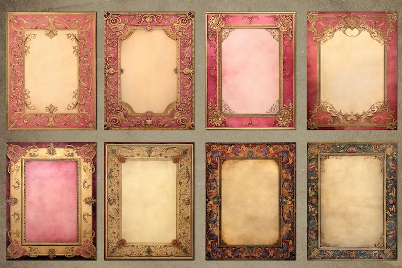 May include: Eight ornate frames with gold and red accents. The frames are arranged in two rows of four. Each frame has a blank white or pink background.