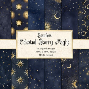 Celestial Starry Night Digital Paper - seamless starry night patterns, instant download printable scrapbook paper