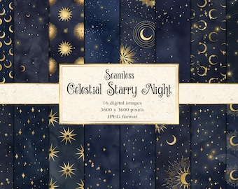 Celestial Starry Night Digital Paper - seamless starry night patterns, instant download printable scrapbook paper