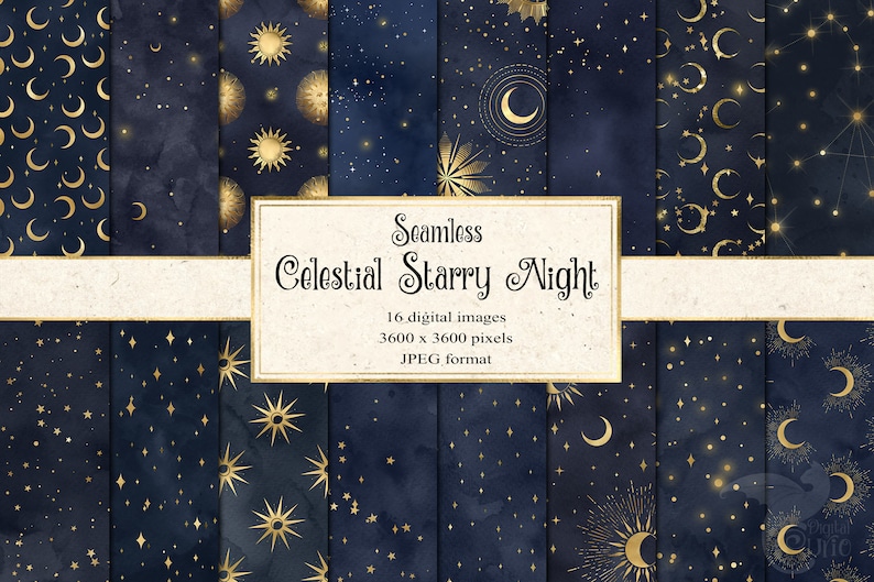 Celestial Starry Night Digital Paper – Navy Blue & Gold (seamless ...