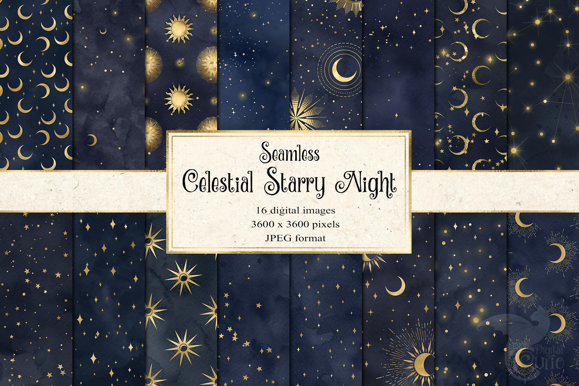 Celestial Starry Night Digital Paper – Navy Blue & Gold (seamless ...