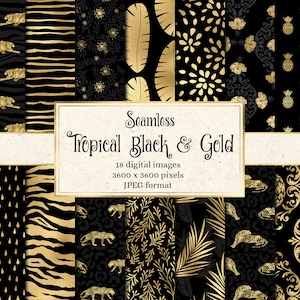 Tropical Black and Gold Digital Paper, seamless animal print jungle pattern backgrounds printable paper commercial use