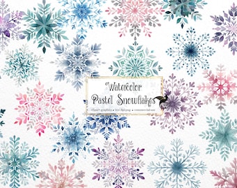 Clipart z akwarelowymi pastelowymi płatkami śniegu – 42 grafiki PNG (do pobrania cyfrowego)