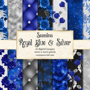 Royal Blue en Silver Floral digitaal papier, naadloos blauw roos afdrukbaar plakboekpapier, rustieke marineblauwe bloemachtergronden en patronen