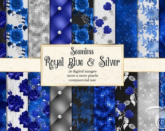 Papier numérique Royal Blue and Silver Floral, papier de scrapbooking imprimable rose bleu sans soudure, arrière-plans et motifs de fleurs bleu marine rustiques