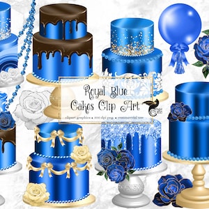 Royal Blue Cakes Clipart, digitale instant download cake clip art graphics in blauw en goud voor commercieel gebruik