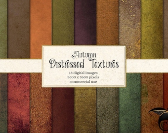 May include: 18 digital images of distressed textures in various shades of brown, green, and red. Each image is 3600 x 3600 pixels and is for commercial use. The text "Autumn Distressed Textures" is displayed in a vintage-style font.
