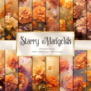 Starry Marigolds Digital Paper, floral autumn celestial digital paper fantasy scrapbook pages printable paper instant download