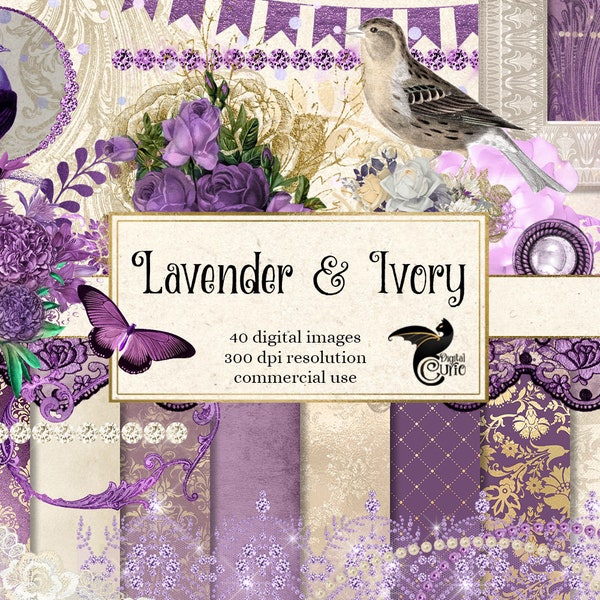 Lavender and Ivory Digital Scrapbooking Kit, clipart, digital paper, banners, frames, pearl, lace, diamonds, purple & beige digital overlays