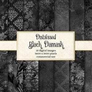 Distressed Black Damask Digital Paper, vintage textured scrapbook paper, scrapbooking grunge textures, black and gray paper instant download