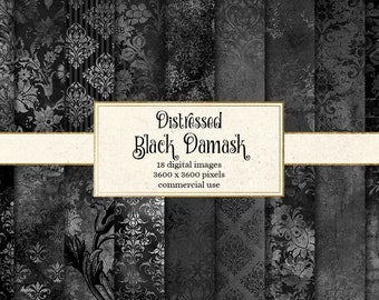 Distressed Black Damask Digital Paper, vintage textured scrapbook paper, scrapbooking grunge textures, black and gray paper instant download