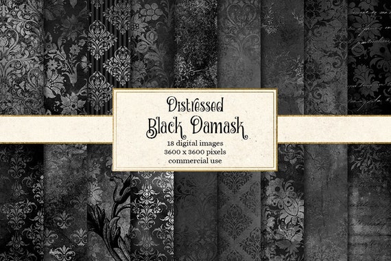 Distressed Black Damask Paper, Vintage Scrapbook Textures (Digital Download)
