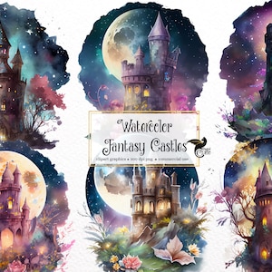 Watercolor Fantasy Castles Clipart - cute castle night scenery landscapes PNG format instant download for commercial use