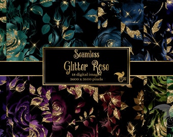 Glitter Rose Digital Paper, floral shimmering foil and gold glitter seamless backgrounds