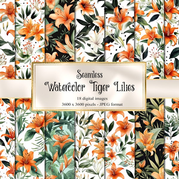 Watercolor Tiger Lily Digital Paper, seamless printable textures printable scrapbook paper