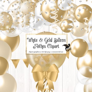 Weiß und Gold Ballon Bogen Clipart, Glam Ballon png digitale Überlagerungen mit Bändern und Konfetti sofortiger Download kommerzielle Nutzung