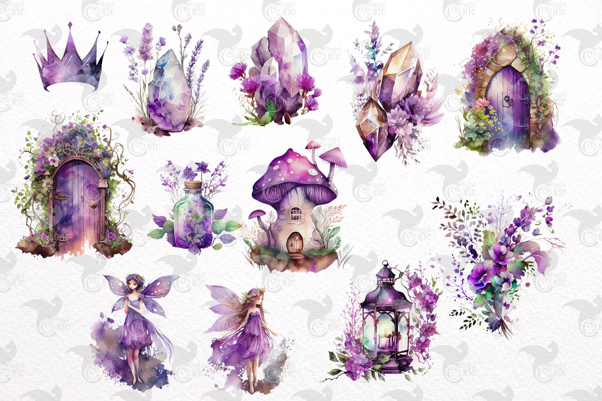 Watercolor Purple Fairy Clipart – Floral Fantasy Graphics (PNG, Digital ...