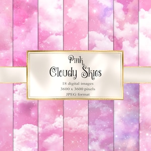 Pink Cloudy Skies Digital Paper - stars and clouds galaxy background textures for commercial use