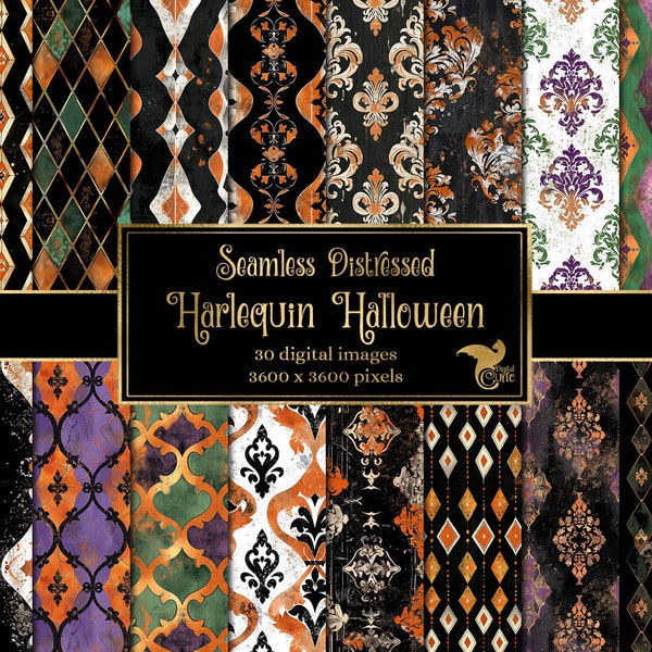 Distressed Harlequin Halloween Digital Paper - seamless printable digital backgrounds for commercial use