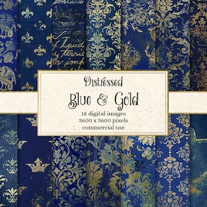 Distressed Blue and Gold digital paper, gold foil patterns, vintage damask grunge textures, printable scrapbook paper, turquoise download