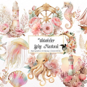 Watercolor Boho Nautical Clipart - ocean beach wedding PNG format instant download for commercial use