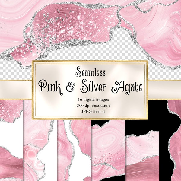 Pink and Silver Agate Borders, seamless digital geode PNG overlays with silver glitter commercial use wedding invitation or web design