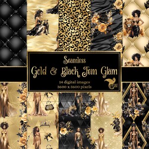 Papel digital Fem Glam dourado e preto, texturas de lantejoulas luxuosas e perfeitas com brilho e brilhos, download instantâneo para uso comercial