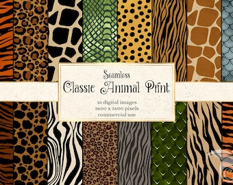 Classic Animal Print Digital Paper, seamless animal skin patterns with tiger stripes and cheetah spots instant download for commercial use