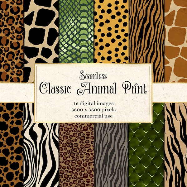 Classic Animal Print Digital Paper, seamless animal skin patterns with tiger stripes and cheetah spots instant download for commercial use