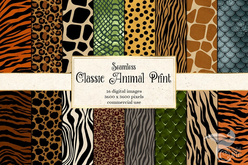 Classic Animal Print Digital Paper, seamless animal skin patterns with tiger stripes and cheetah spots instant download for commercial use 