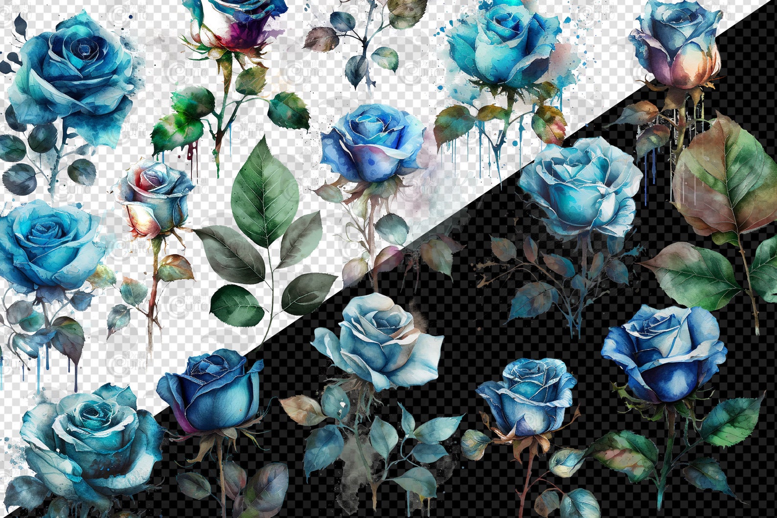 Blue Watercolor Roses Clipart – Floral PNG Graphics (digital Download ...