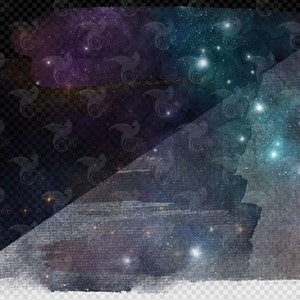 May include: A digital illustration of a starry night sky with a watercolor effect. The sky is a deep blue with white stars and a few bright, white stars. The image is divided diagonally, with the top half being a darker blue and the bottom half being a lighter blue.