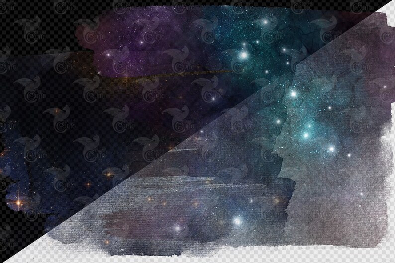May include: A digital illustration of a starry night sky with a watercolor effect. The sky is a deep blue with white stars and a few bright, white stars. The image is divided diagonally, with the top half being a darker blue and the bottom half being a lighter blue.