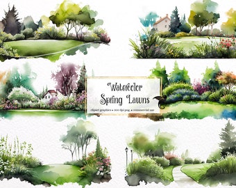 May include: Watercolor illustrations of spring lawns with houses, trees, and flowers. The illustrations are in a soft, muted color palette and have a whimsical, romantic feel. The text "Watercolor Spring Lawns" is included in the image.